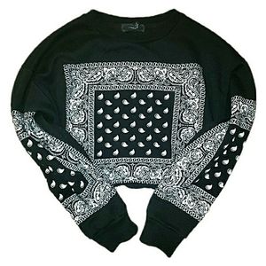 Bandana Raw Hem Cropped Crew Neck Sweatshirt